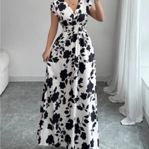 Floral Print V-Neck Lace-Up A-Line Dress