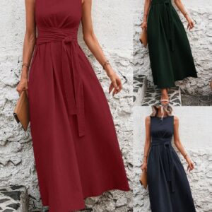 Womens Tie-Waist Sleeveless Ice Silk Dress