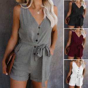 Womens Casual V-Neck Bow Jumpsuit