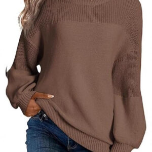 Womens Round Neck Lantern Sleeve Sweater