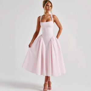 French Style Plaid Square Neck Summer Dress