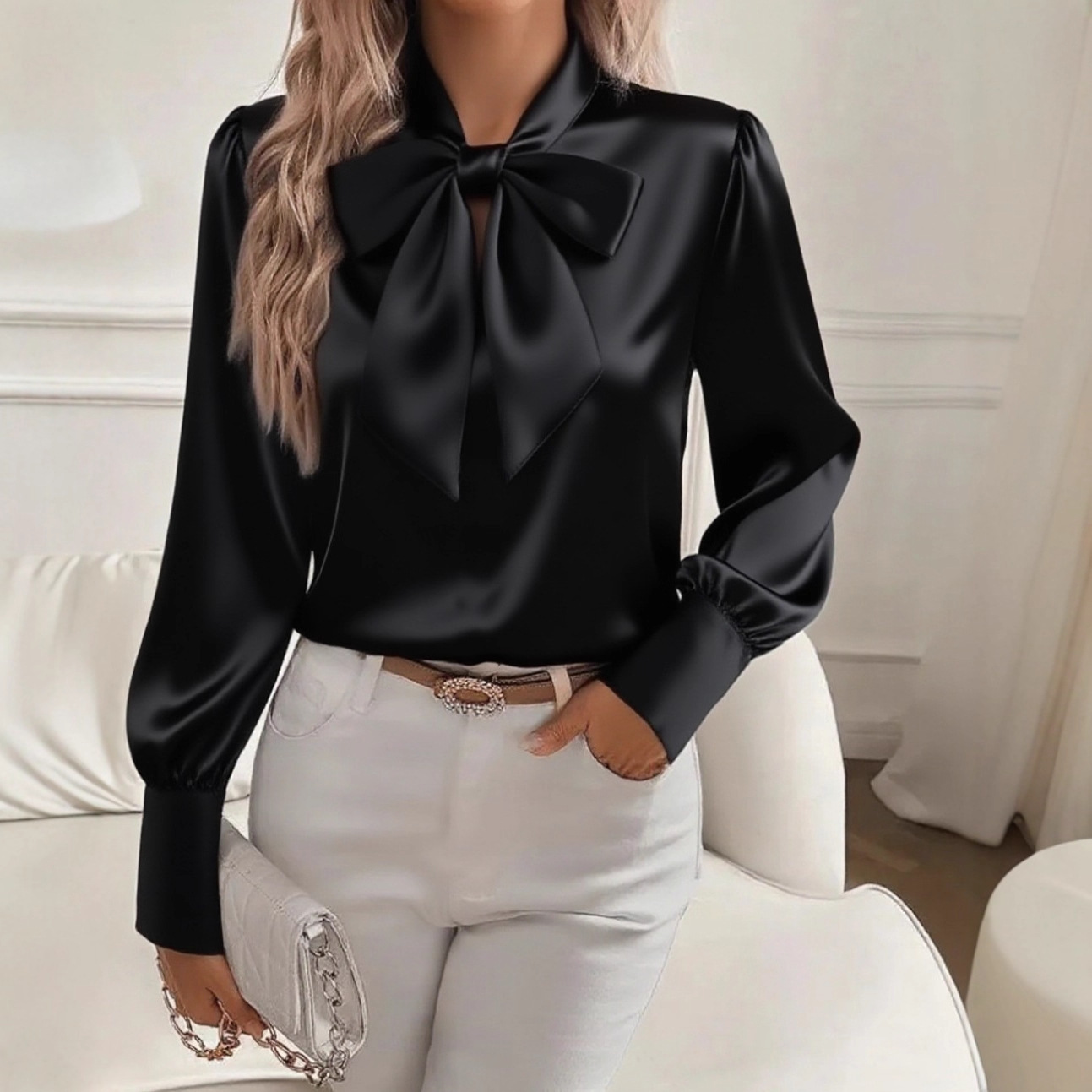 Women's Satin Bow Blouse - Image 4